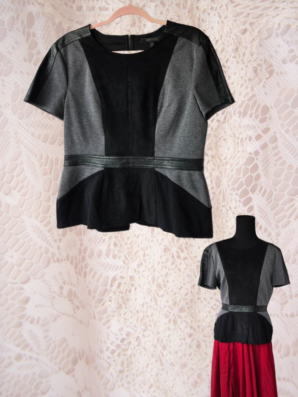 BCBGMAXAZRIA Top Black & Grey Contemporary Geometric Office Preppy Academia Chic